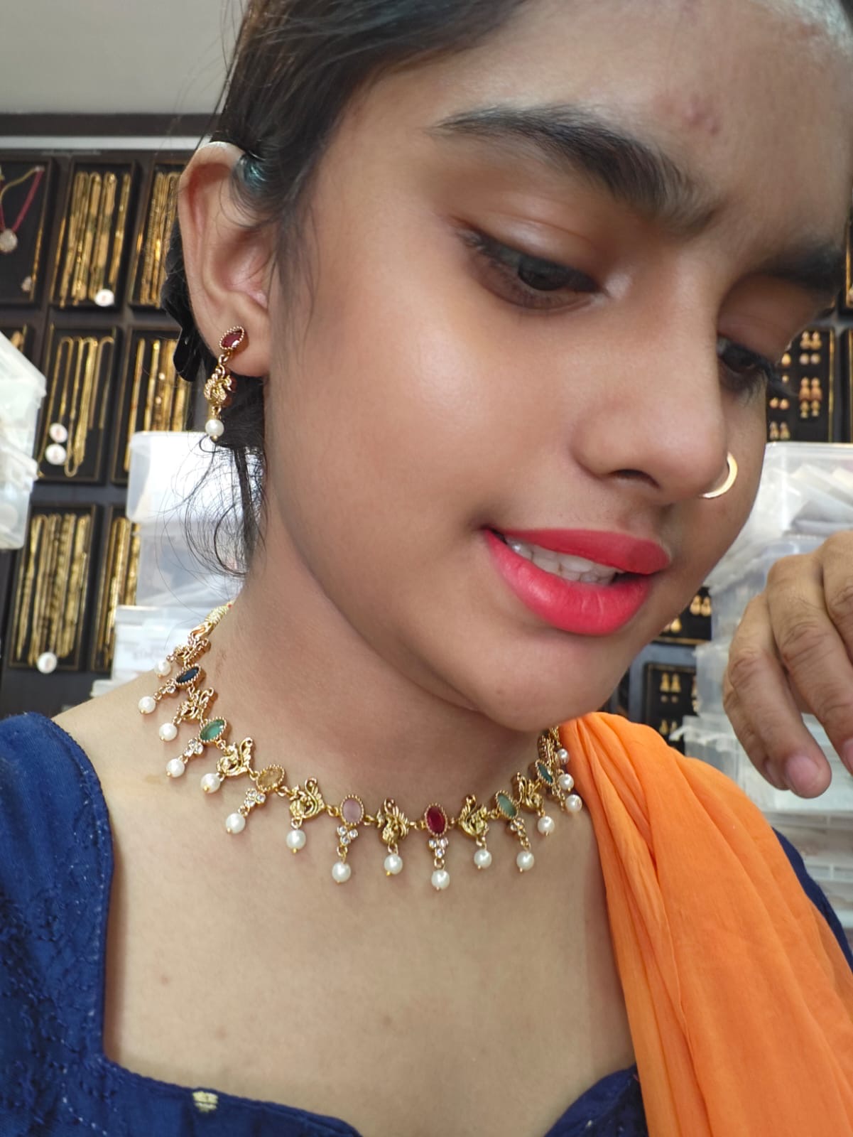 Navaratna stones necklaces 2grm gold polish 2 years warranty set.