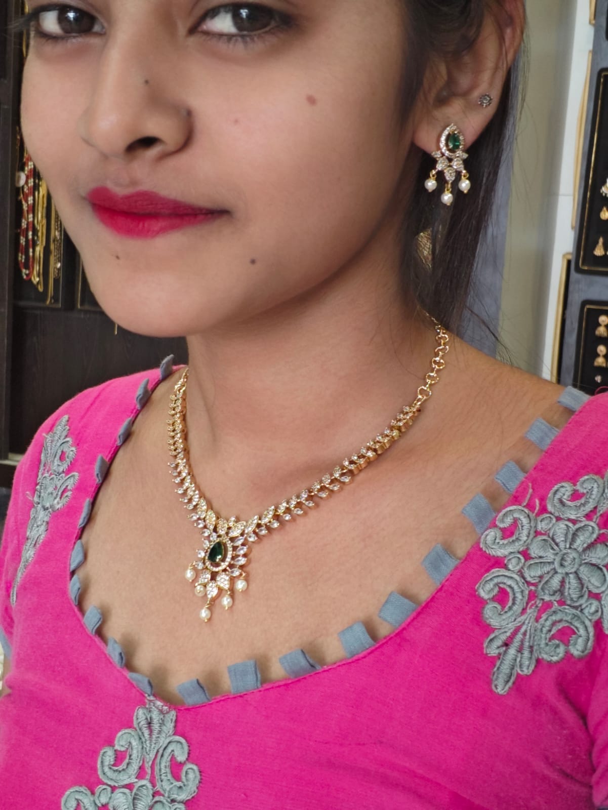 AD stones 1grm gold polish 2 years warranty bridal necklace set.