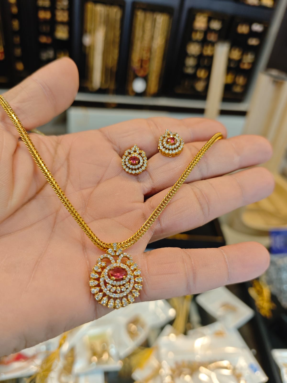 AD stones 1grm gold polish 2 years warranty necklace set.
