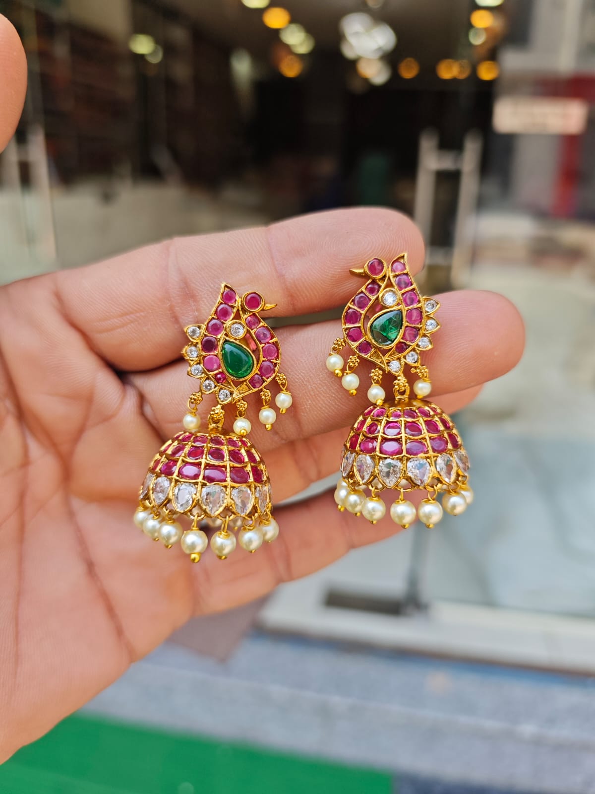 Kempu stones real gold polish 5 years warranty jambu jhumka set.